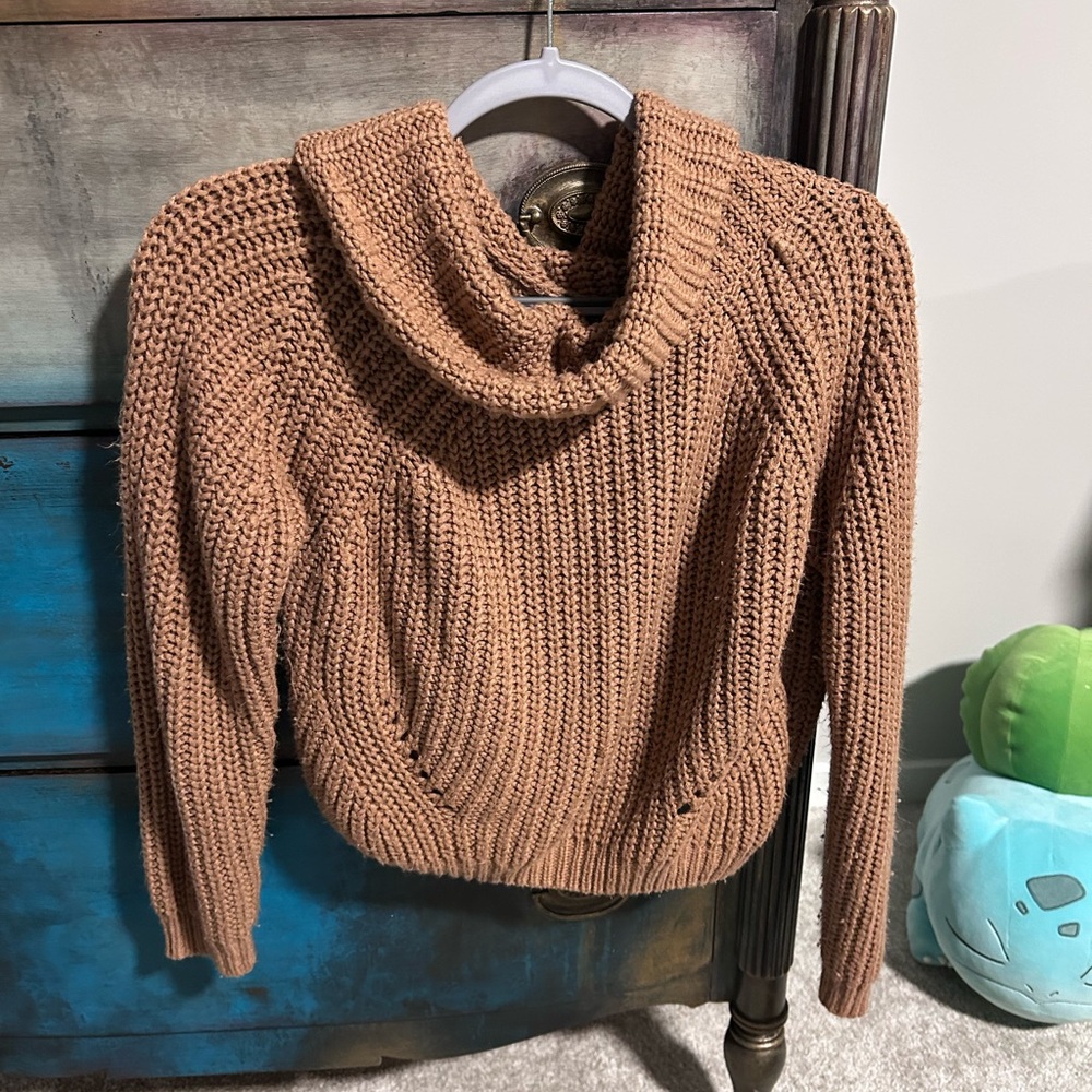 Moon & Madison Camel Cowl Neck Knit Sweater Cozy Slouchy Chunky Neutral Chic